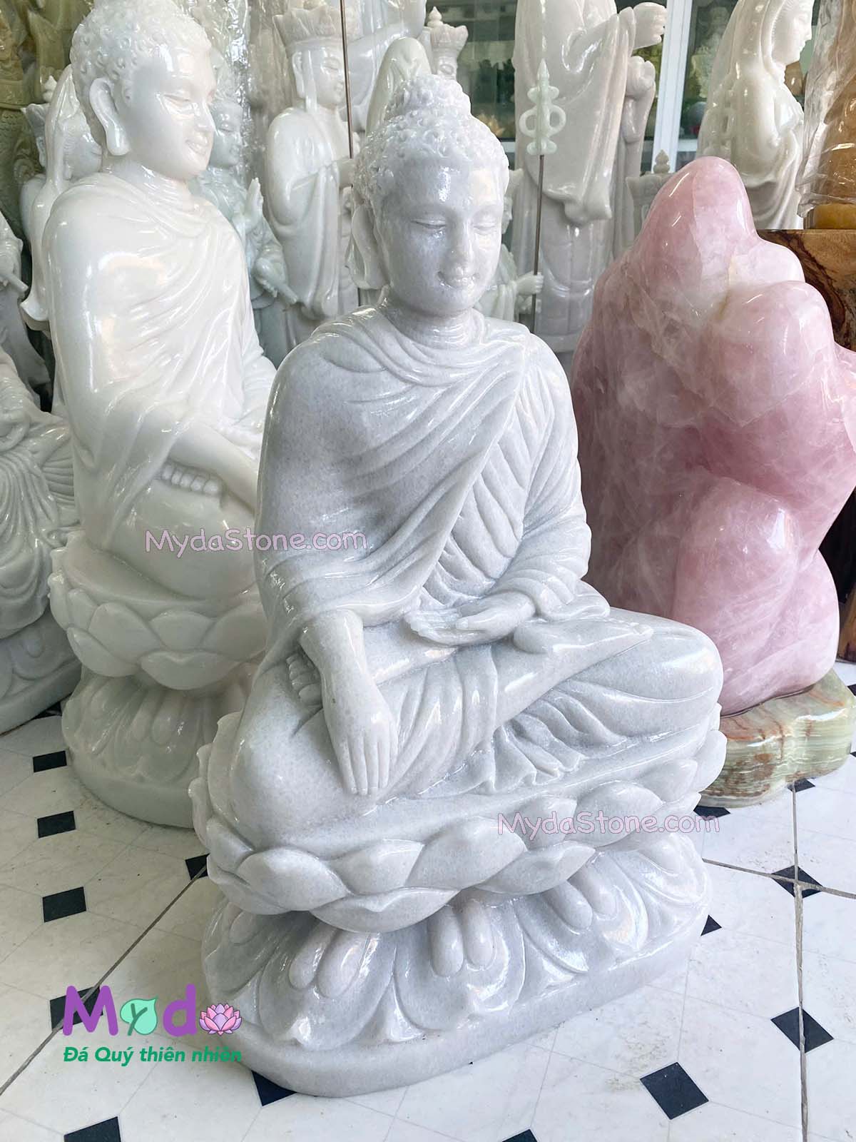 Tượng Phật Thích Ca ngồi đài sen đá Cẩm Thạch Trắng