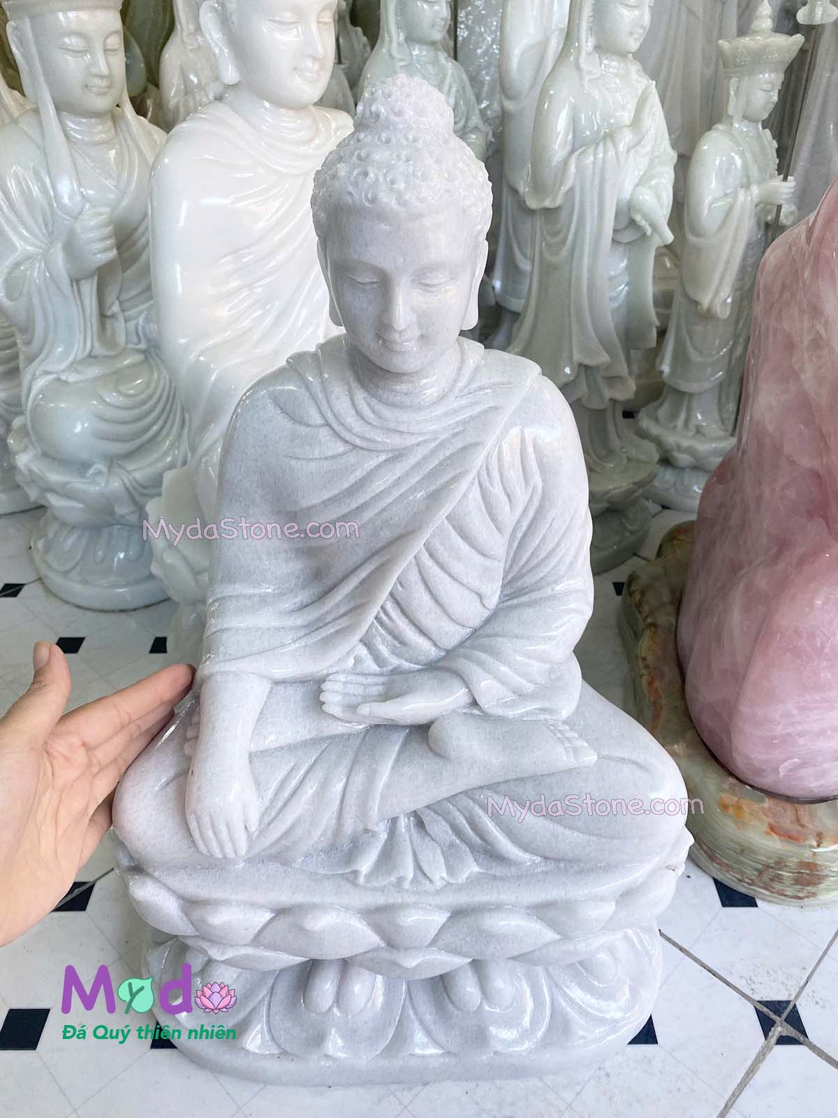 Tượng Phật Thích Ca ngồi đài sen đá Cẩm Thạch Trắng
