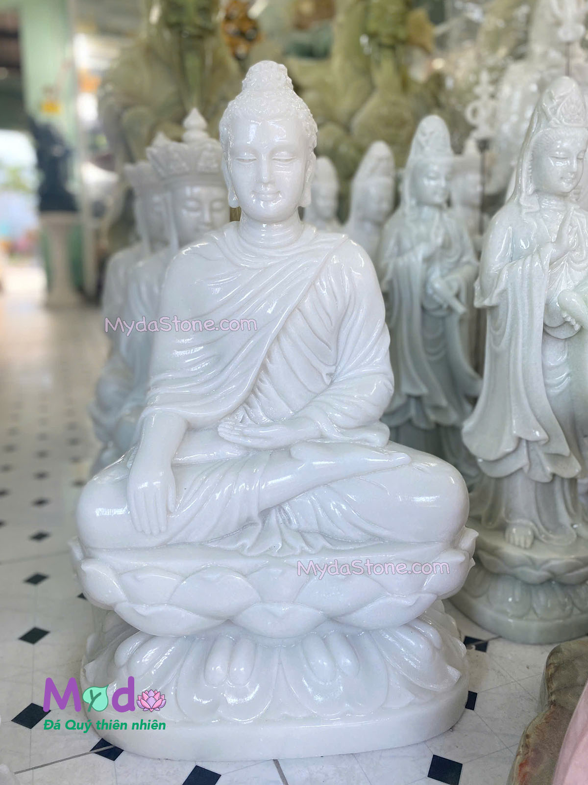 Tượng Phật Thích Ca ngồi đài sen đá Cẩm Thạch Trắng