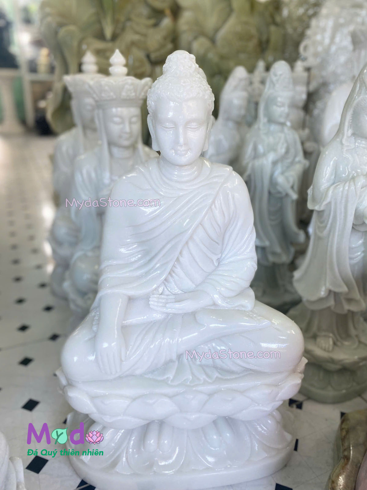 Tượng Phật Thích Ca ngồi đài sen đá Cẩm Thạch Trắng
