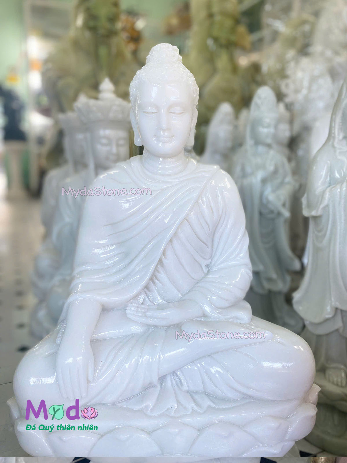 Tượng Phật Thích Ca ngồi đài sen đá Cẩm Thạch Trắng