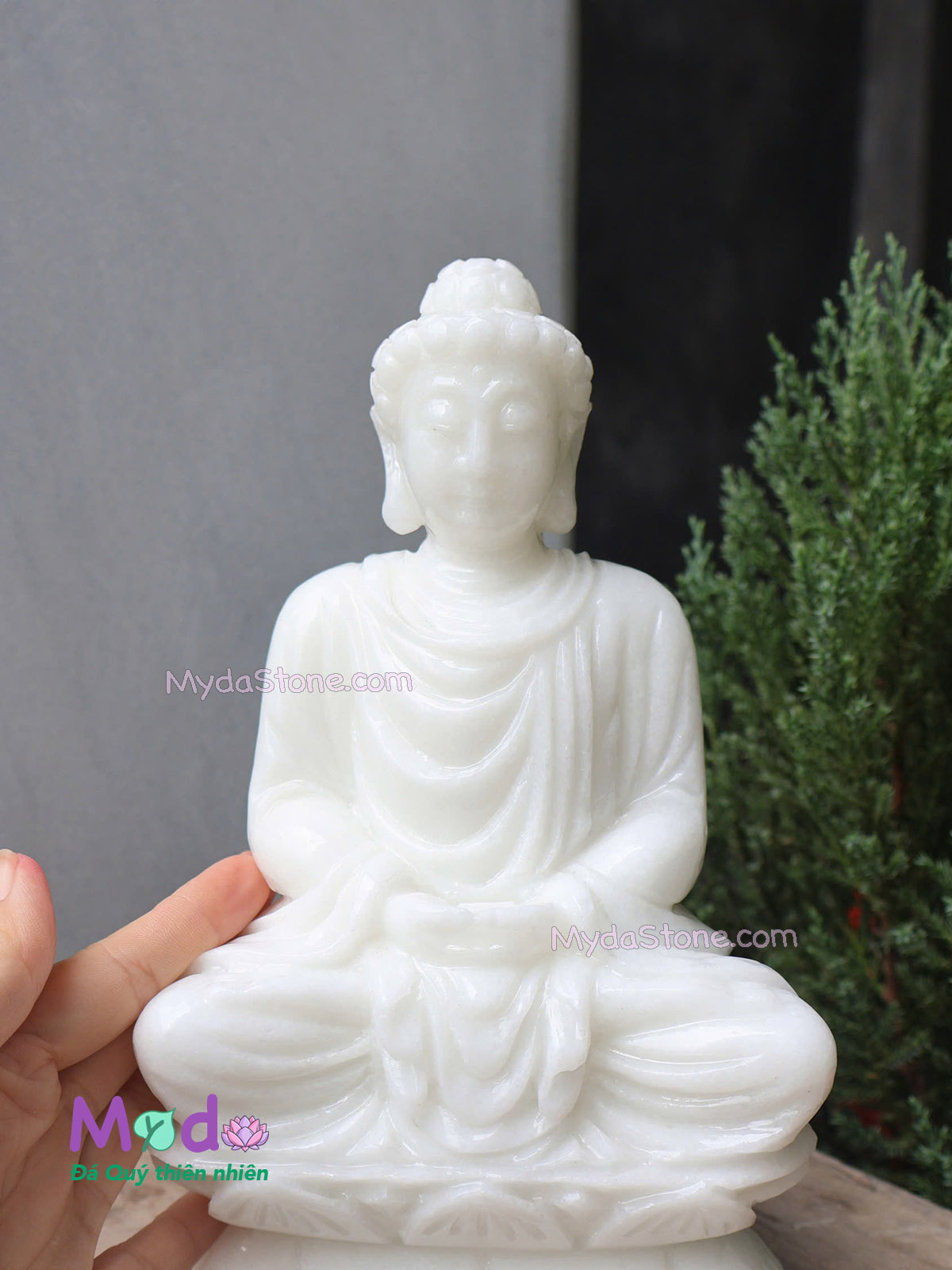 Tượng Phật Thích Ca ngồi đài sen đá Cẩm Thạch Trắng