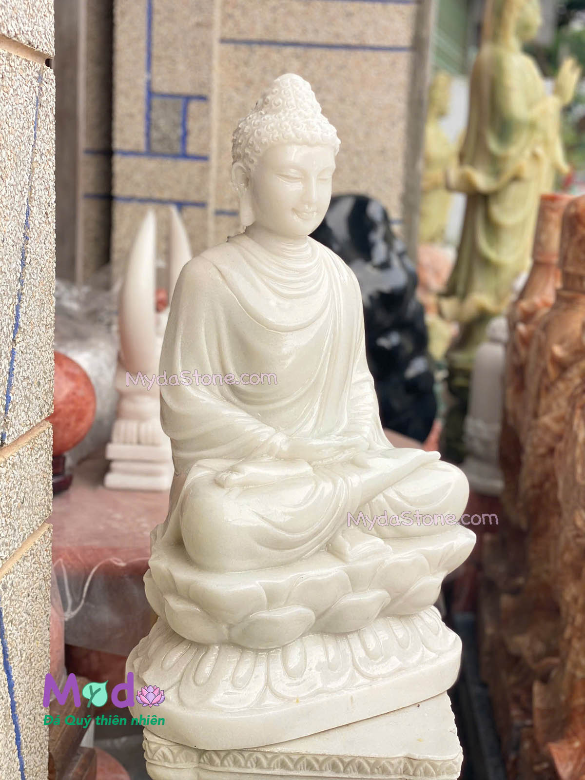 Tượng Phật Thích Ca ngồi đài sen đá Cẩm Thạch Trắng