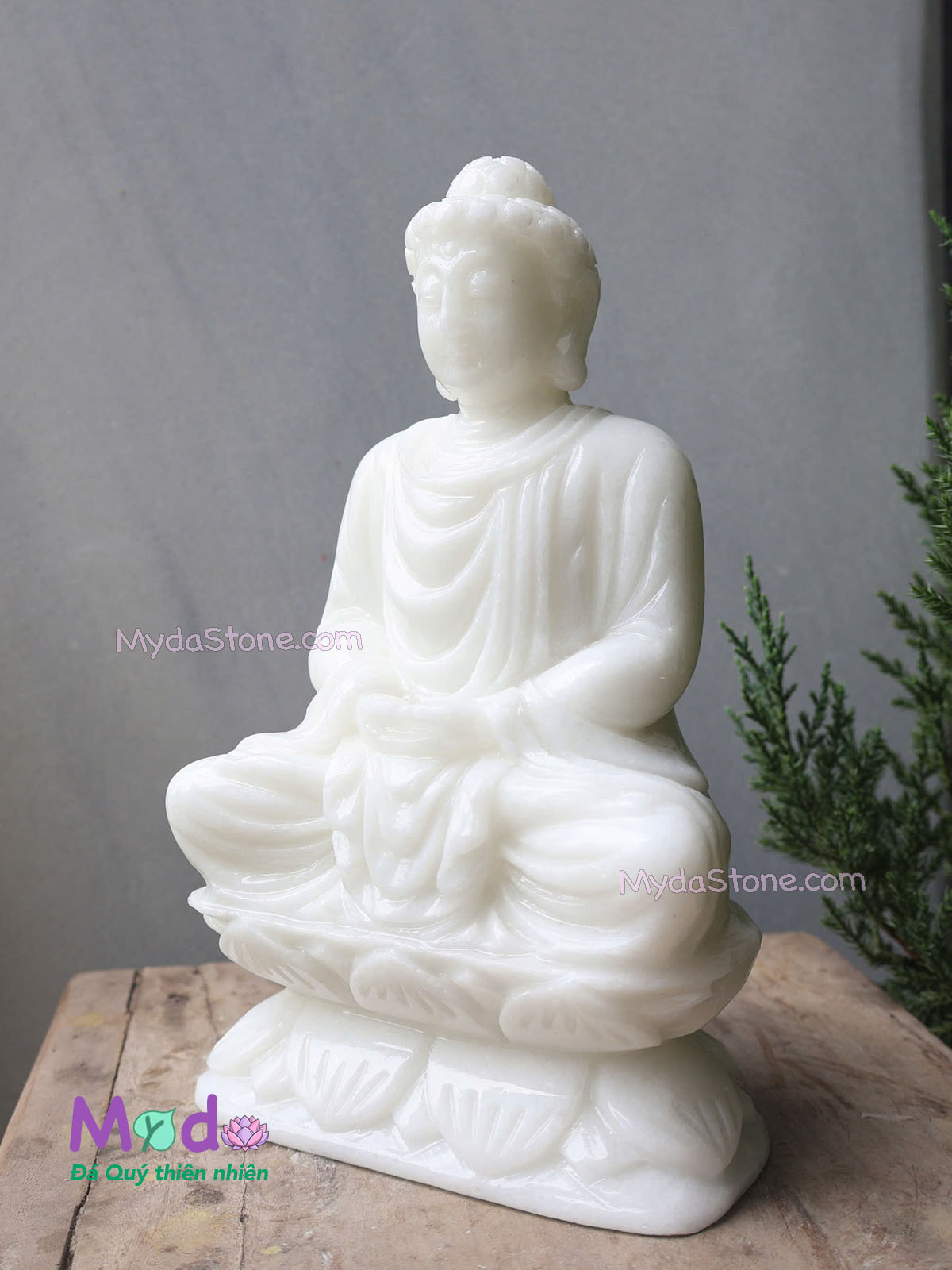 Tượng Phật Thích Ca ngồi đài sen đá Cẩm Thạch Trắng