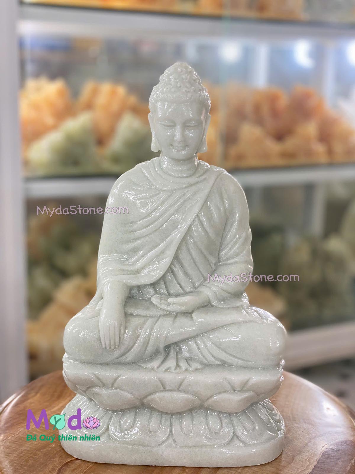 Tượng Phật Thích Ca ngồi đài sen đá Cẩm Thạch Trắng Xanh