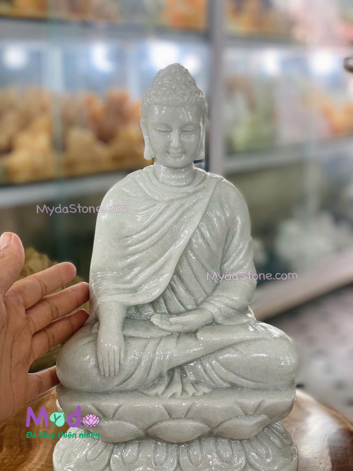Tượng Phật Thích Ca ngồi đài sen đá Cẩm Thạch Trắng Xanh