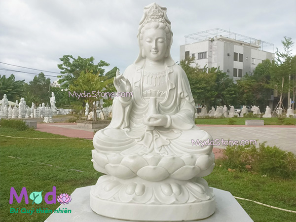 Tượng Phật Quan Âm ngồi đài sen đá Cẩm Thạch Trắng