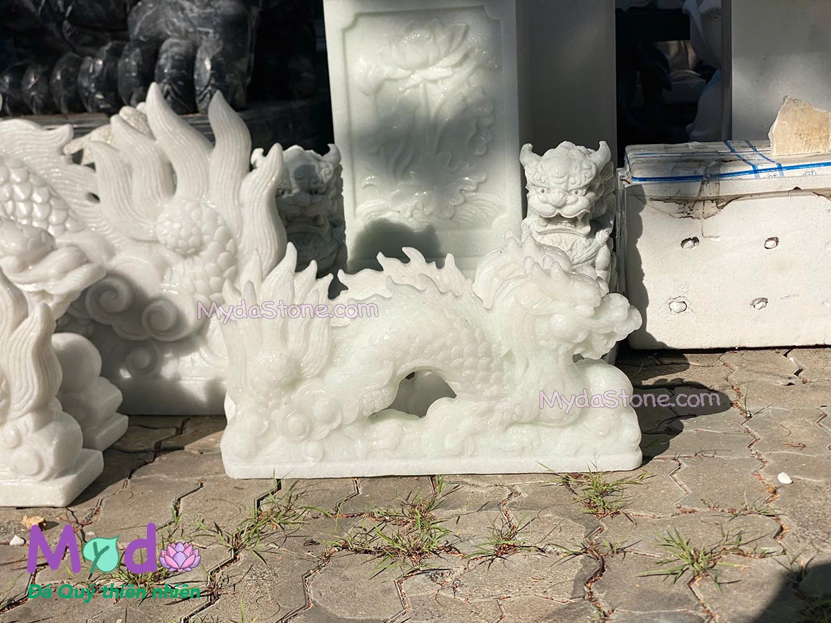 Tượng Rồng nằm đá Cẩm Thạch Trắng Xanh