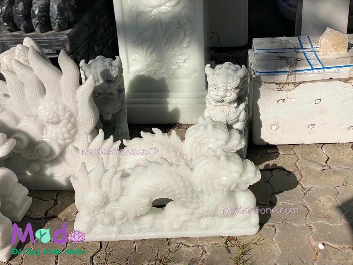 Tượng Rồng nằm đá Cẩm Thạch Trắng Xanh