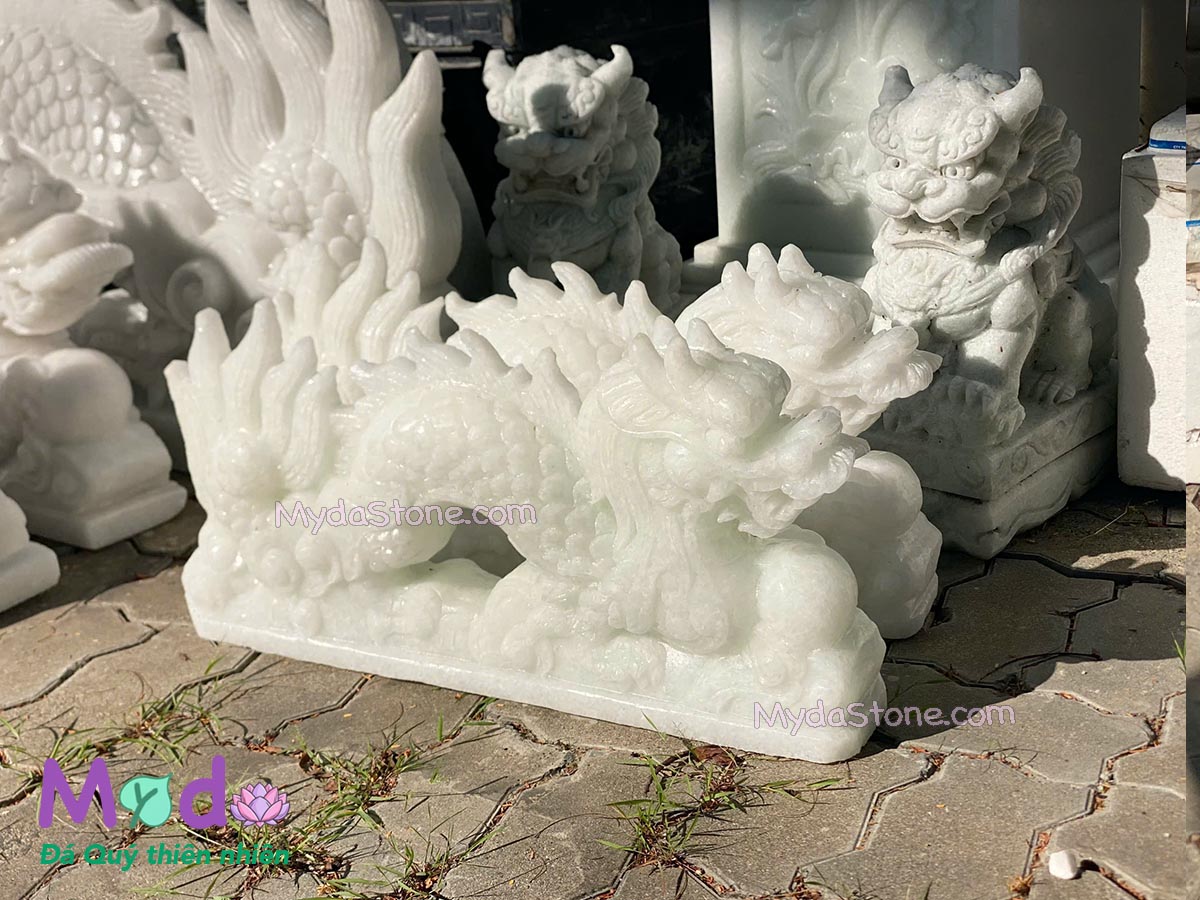 Tượng Rồng nằm đá Cẩm Thạch Trắng Xanh