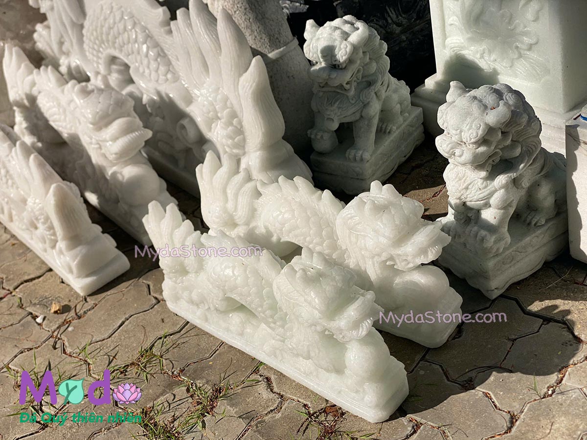 Tượng Rồng nằm đá Cẩm Thạch Trắng Xanh