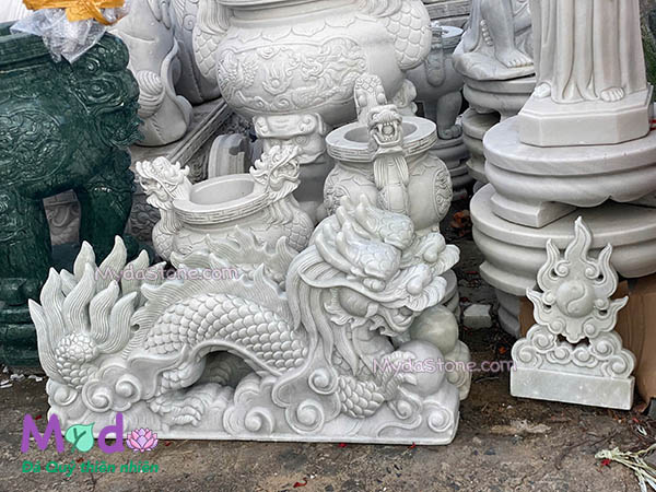 Tượng Rồng nằm đá Cẩm Thạch Trắng Xanh