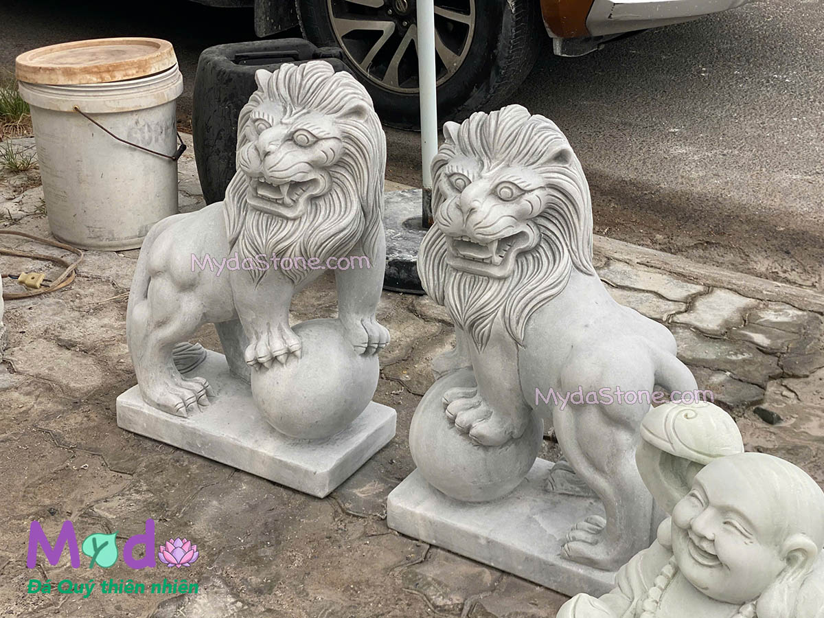 Tượng Sư Tử đá Cẩm Thạch Trắng Xám
