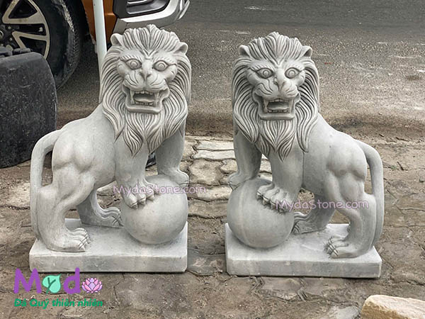 Tượng Sư Tử để Lăng Mộ đá Cẩm Thạch Trắng Xám