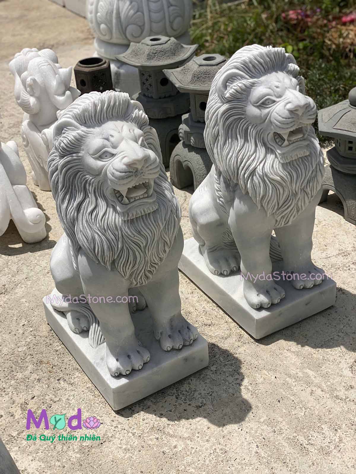 Tượng Sư Tử để Lăng Mộ đá Cẩm Thạch Trắng Xám