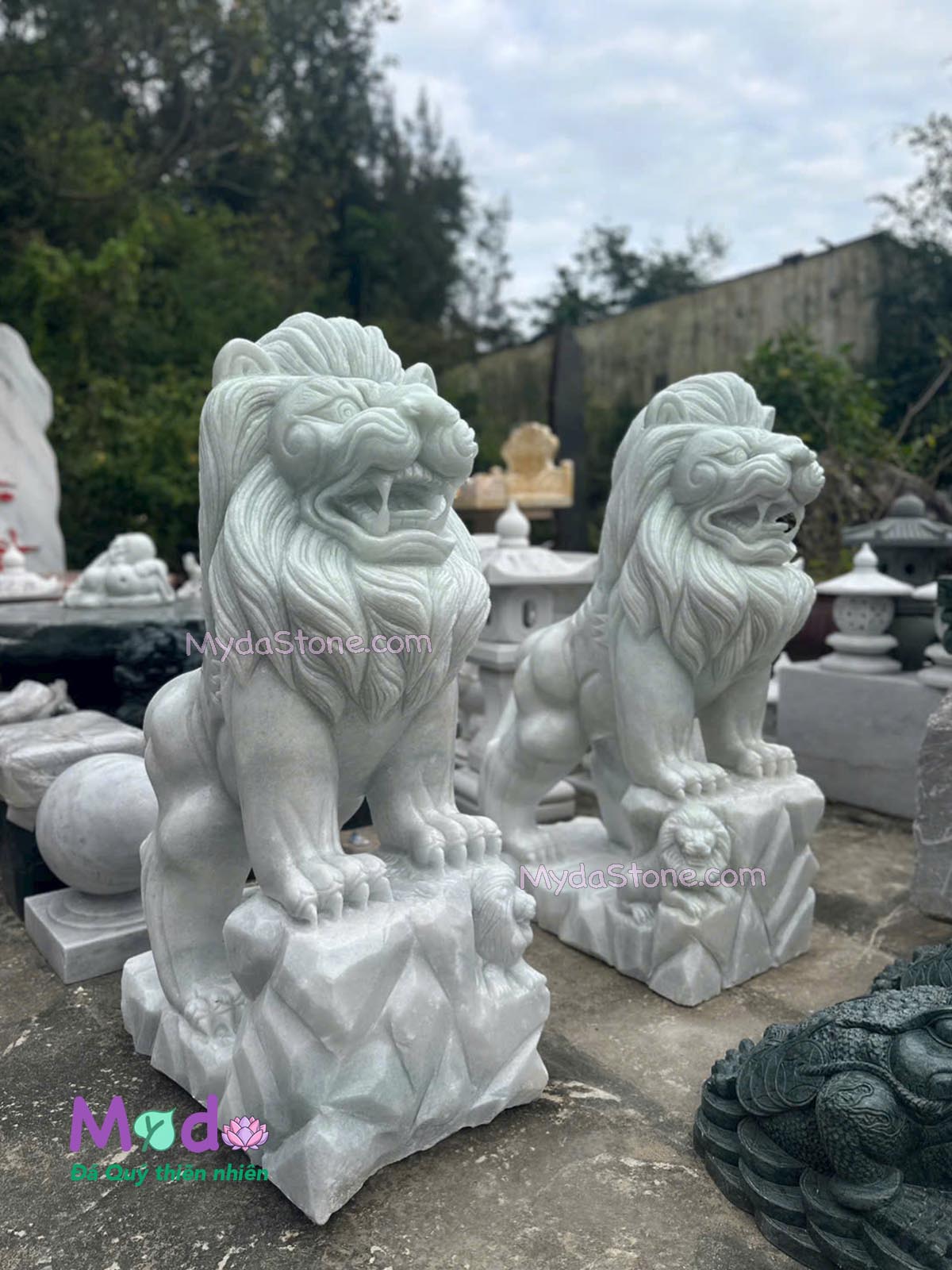 Tượng Sư Tử để Mộ đá Cẩm Thạch Trắng Xanh