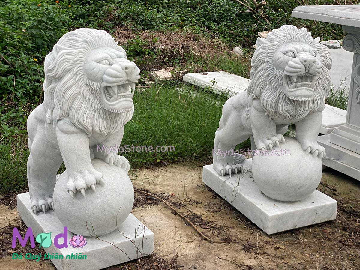 Tượng Sư Tử đứng quả cầu đá Cẩm Thạch Trắng Xanh