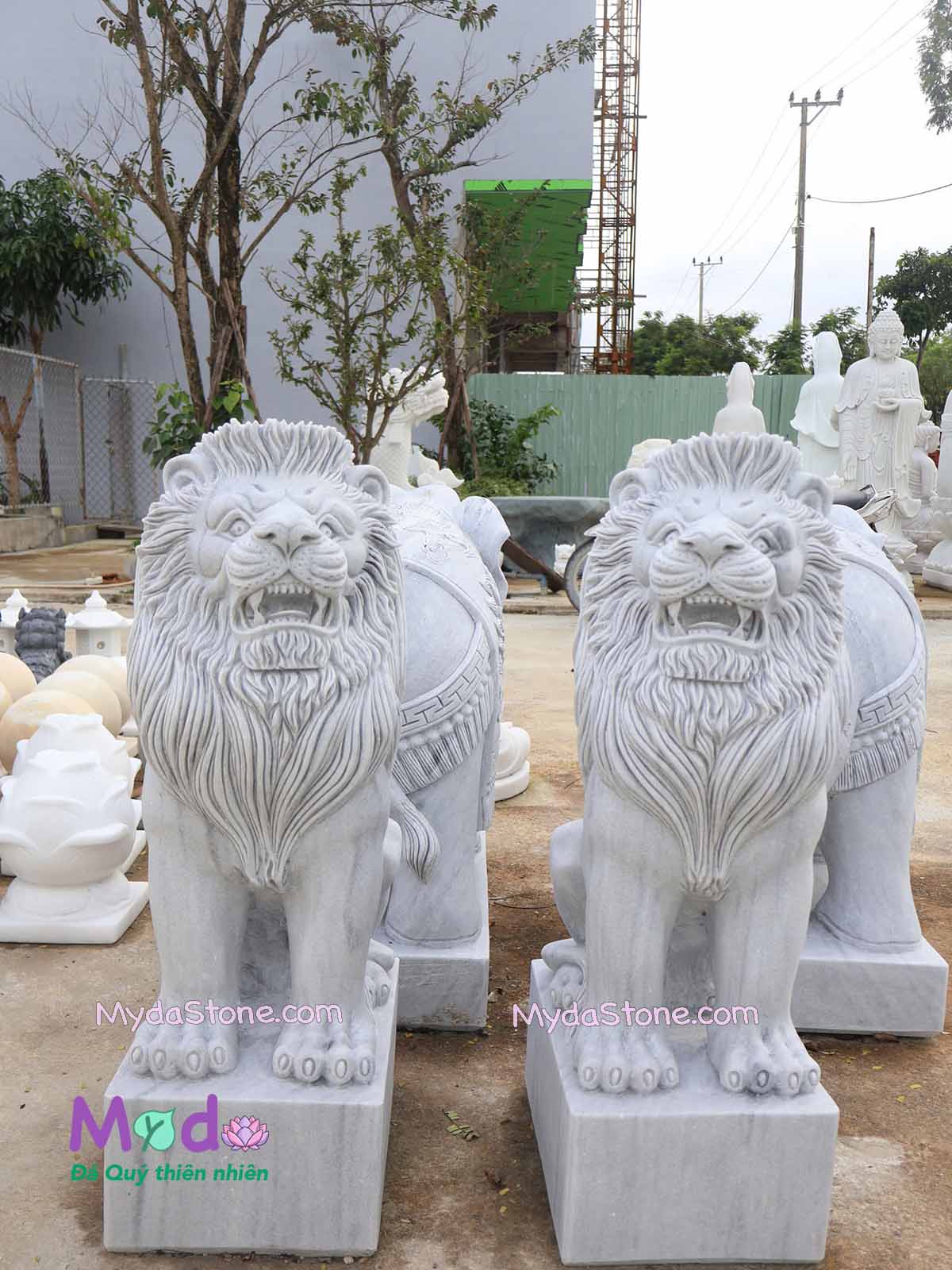 Tượng Sư Tử ngồi bằng đá Cẩm Thạch Trắng Xám