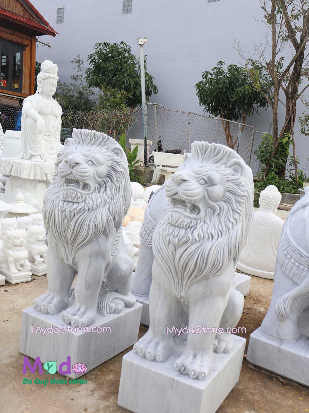 Tượng Sư Tử ngồi bằng đá Cẩm Thạch Trắng Xám