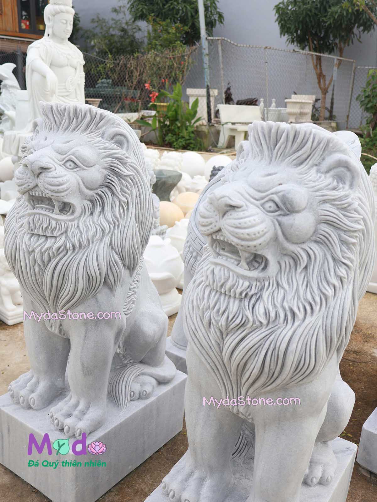 Tượng Sư Tử ngồi bằng đá Cẩm Thạch Trắng Xám