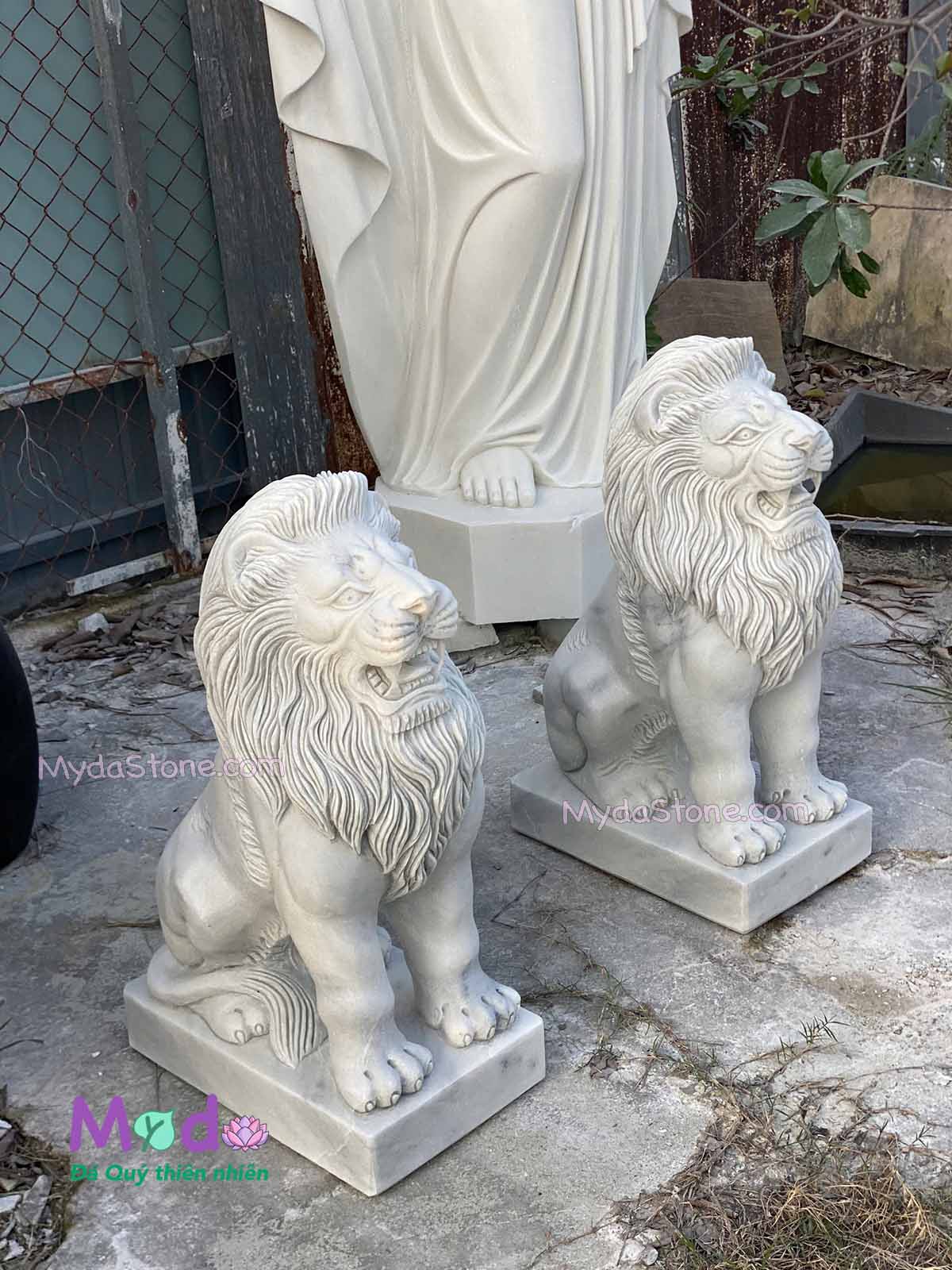 Tượng Sư Tử ngồi đá Cẩm Thạch Trắng Xám