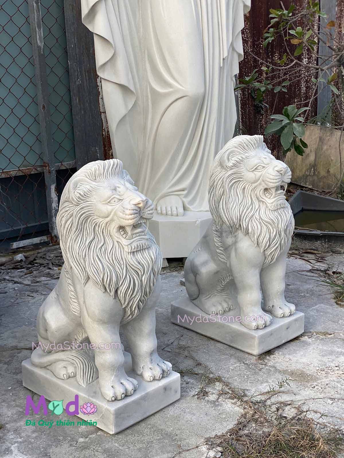 Tượng Sư Tử ngồi đá Cẩm Thạch Trắng Xám