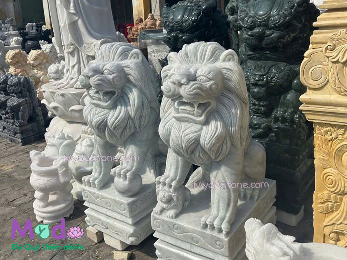 Tượng Sư Tử ngồi đá Cẩm Thạch Trắng Xanh