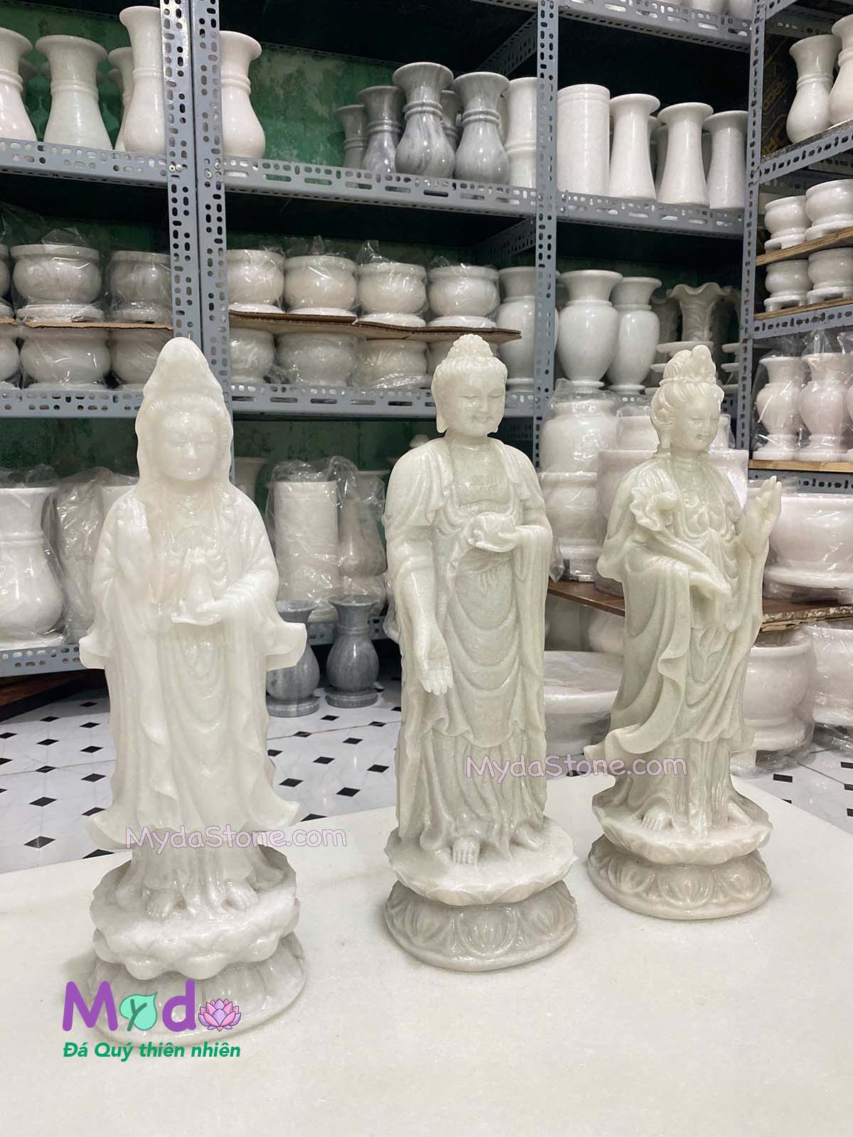 Tượng Tây Phương Tam Thánh đá Cẩm Thạch Trắng Xanh