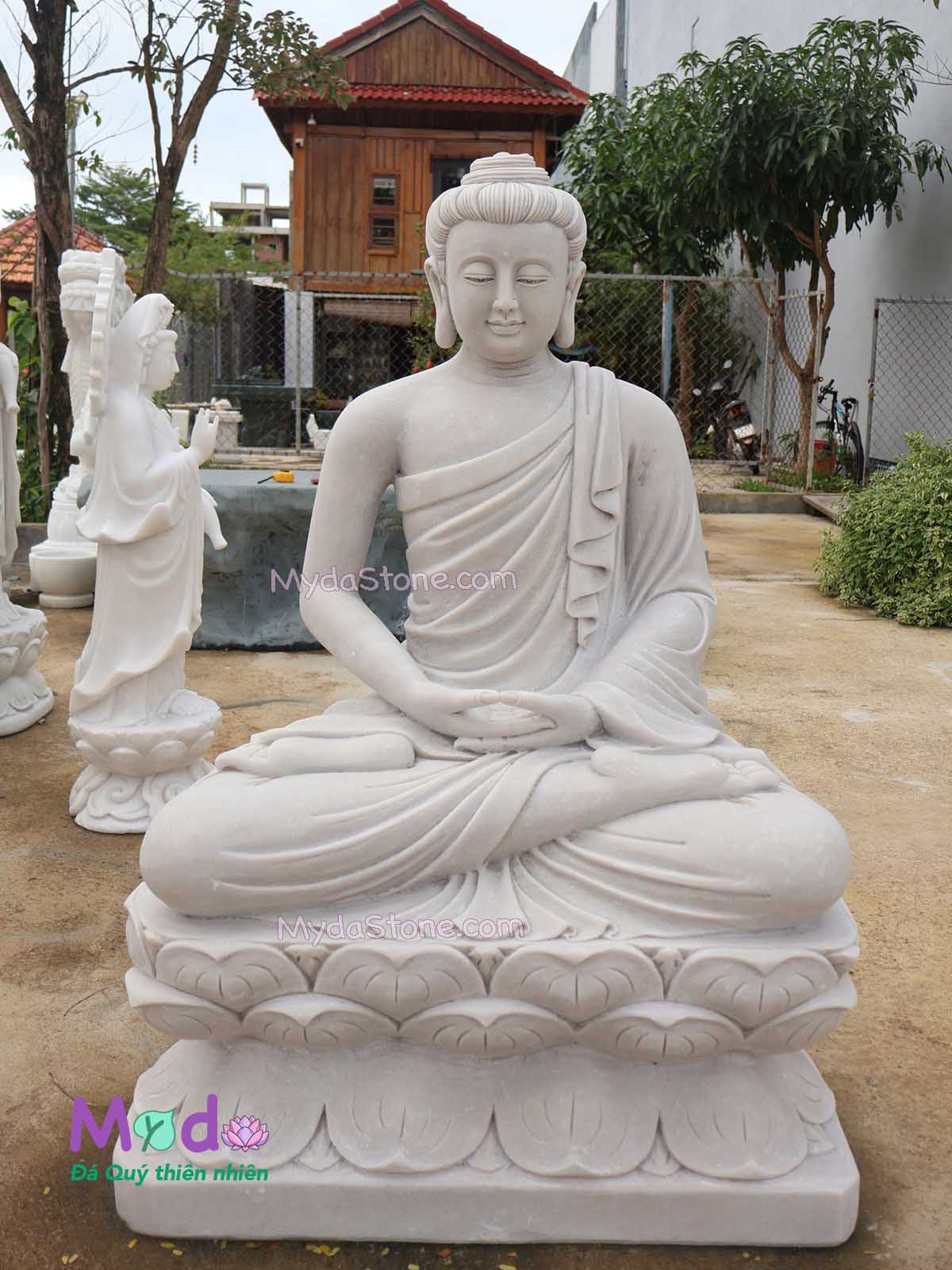 Tượng Phật Thích Ca ngồi đài sen đá Cẩm Thạch Trắng Xám