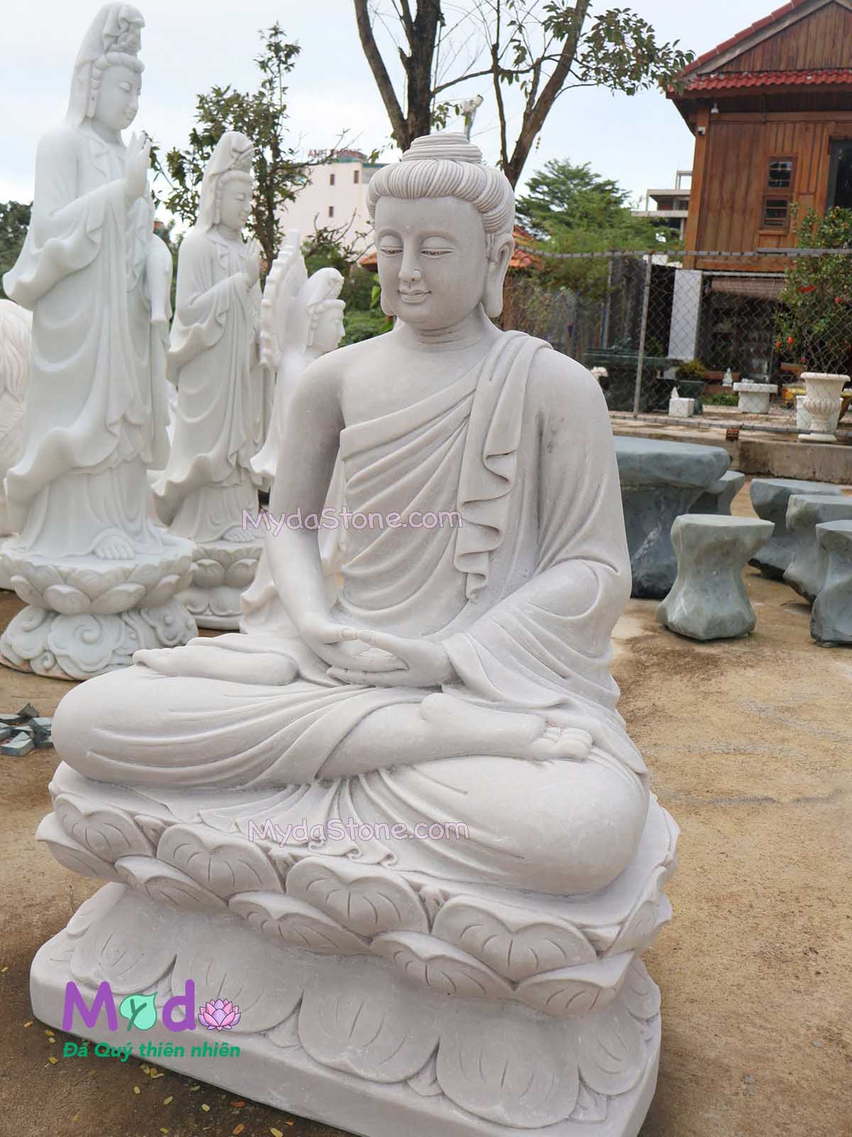 Tượng Phật Thích Ca ngồi đài sen đá Cẩm Thạch Trắng Xám