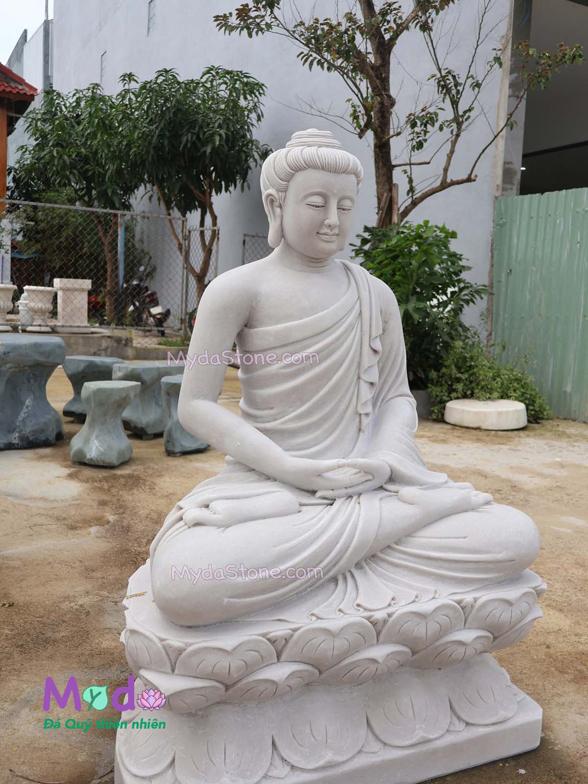 Tượng Phật Thích Ca ngồi đài sen đá Cẩm Thạch Trắng Xám