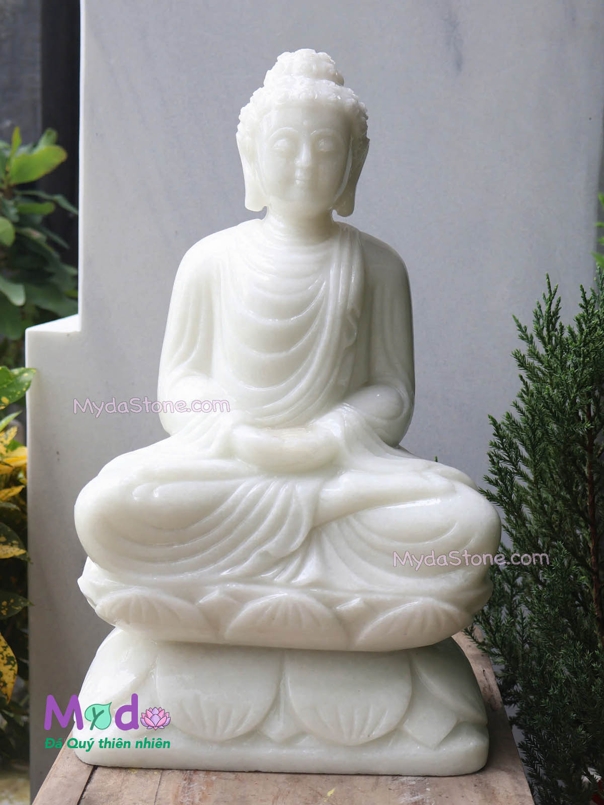 Tượng Phật Thích Ca ngồi đài sen đá Cẩm Thạch Trắng