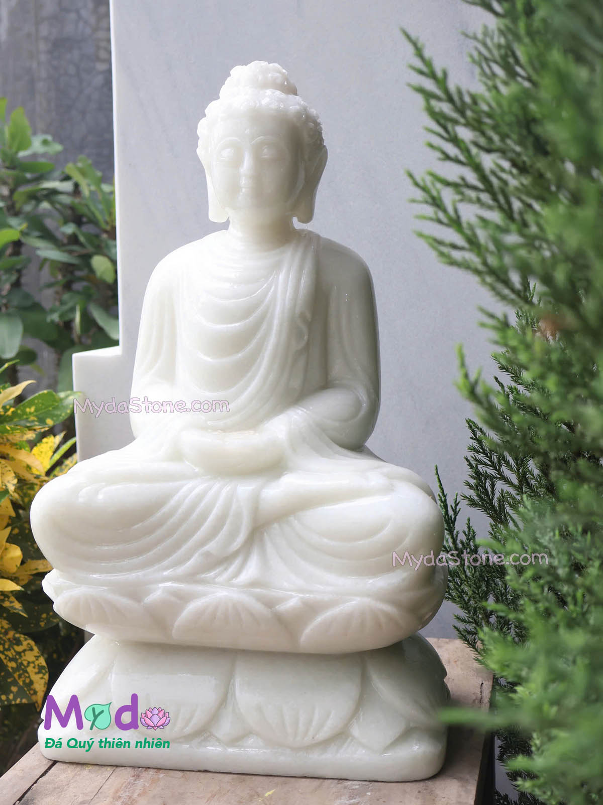 Tượng Phật Thích Ca ngồi đài sen đá Cẩm Thạch Trắng