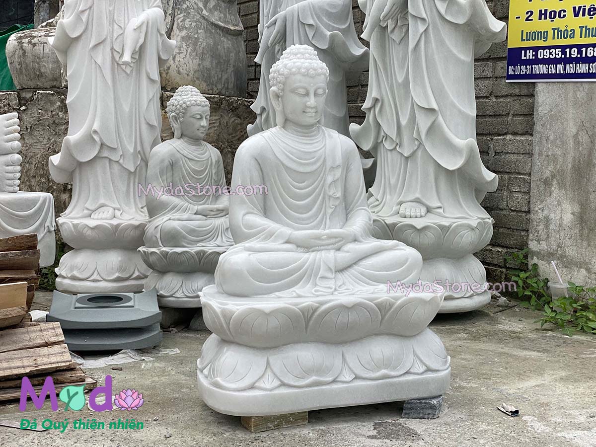 Tượng Phật Thích Ca ngồi đài sen bằng đá Cẩm Thạch Trắng
