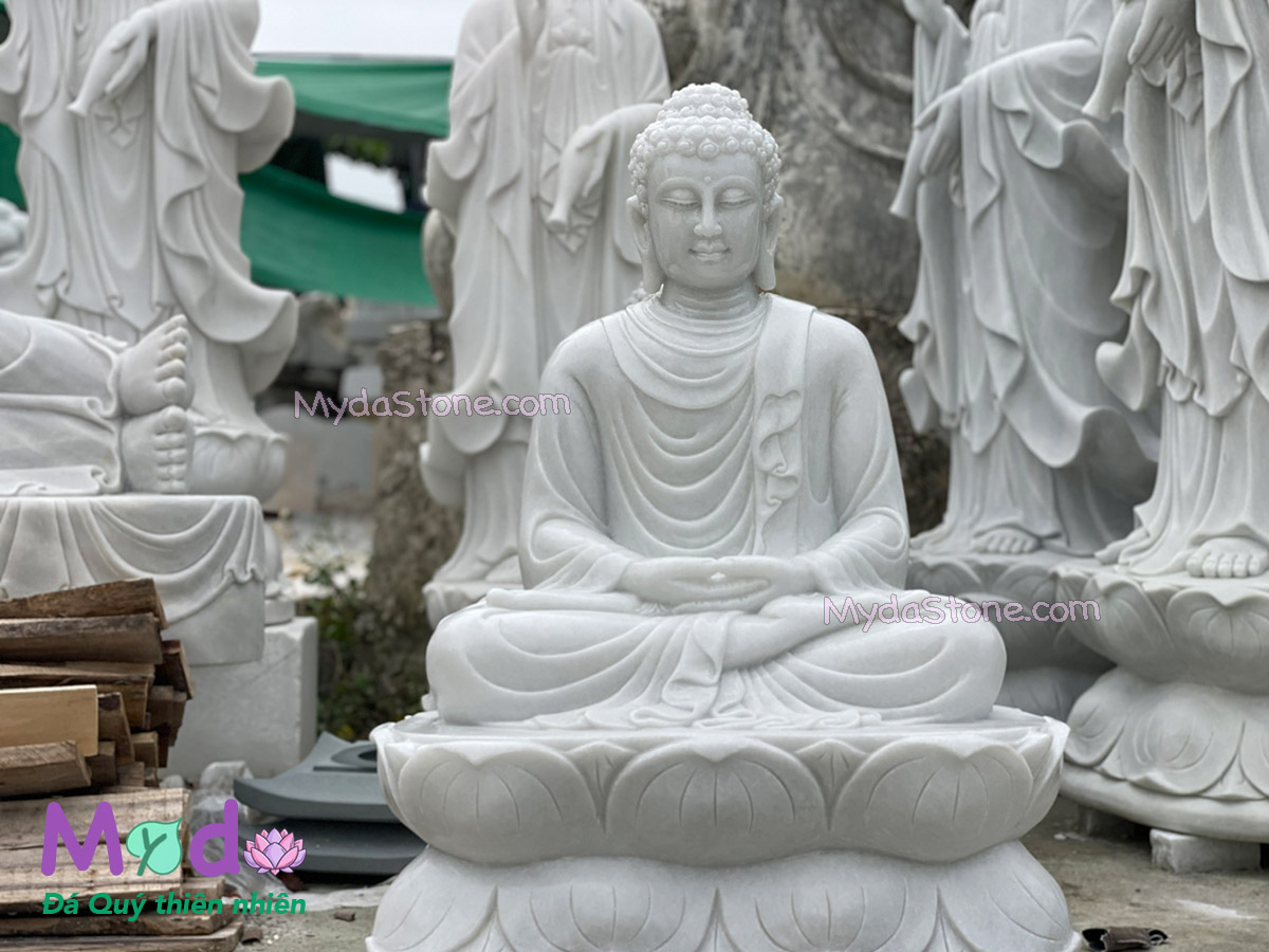 Tượng Phật Thích Ca ngồi đài sen bằng đá Cẩm Thạch Trắng