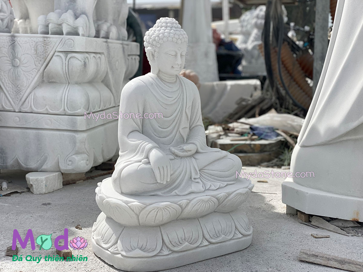 Tượng Phật Thích Ca ngồi đài sen bằng đá Cẩm Thạch Trắng