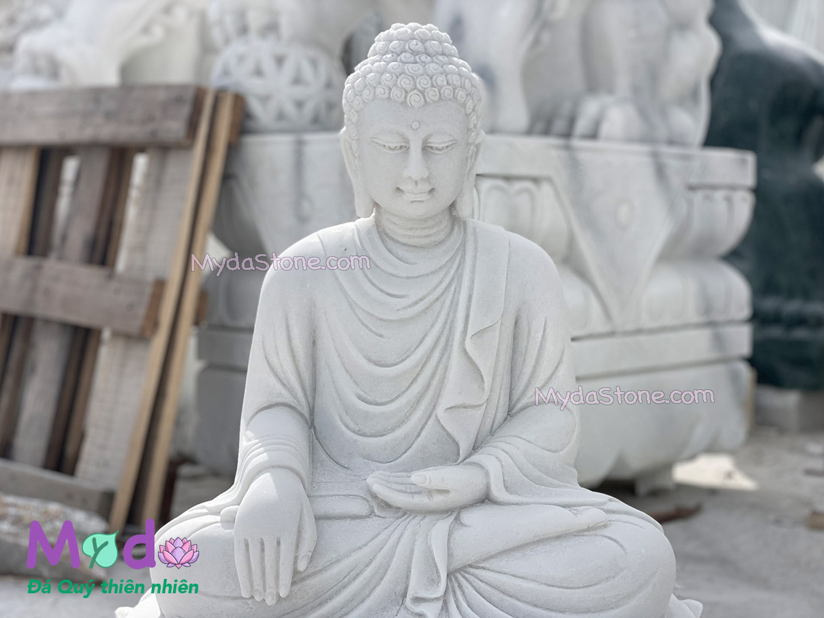 Tượng Phật Thích Ca ngồi đài sen bằng đá Cẩm Thạch Trắng
