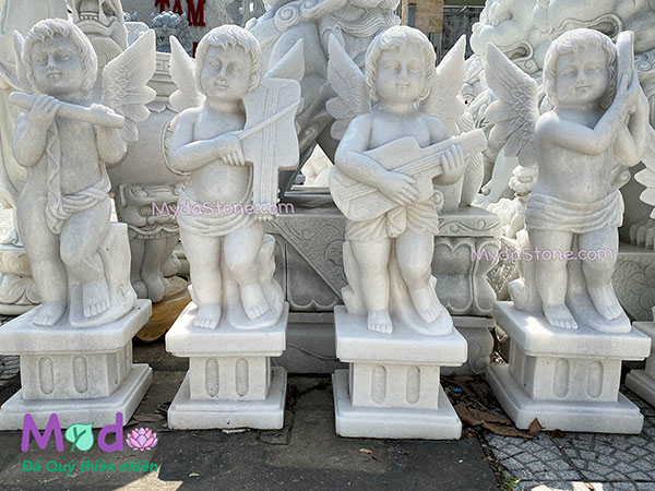 Tượng Thiên Thần đánh đàn đá Cẩm Thạch Trắng