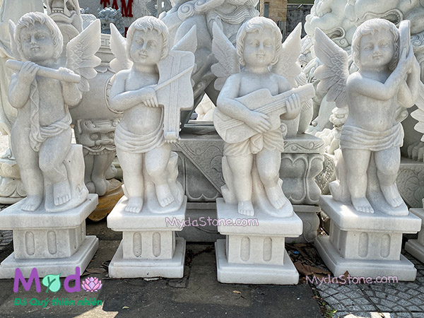 Tượng Thiên Thần đánh đàn đá Cẩm Thạch Trắng