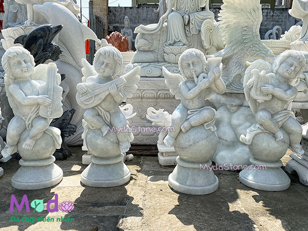 Tượng Thiên Thần đánh đàn đá Cẩm Thạch Trắng Xanh