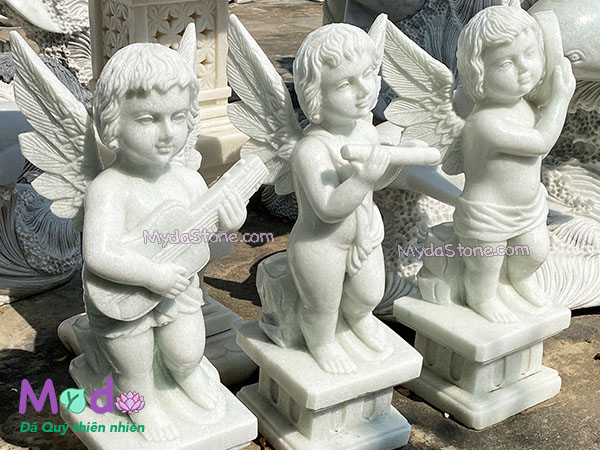 Tượng Thiên Thần đánh đàn đá Cẩm Thạch Trắng