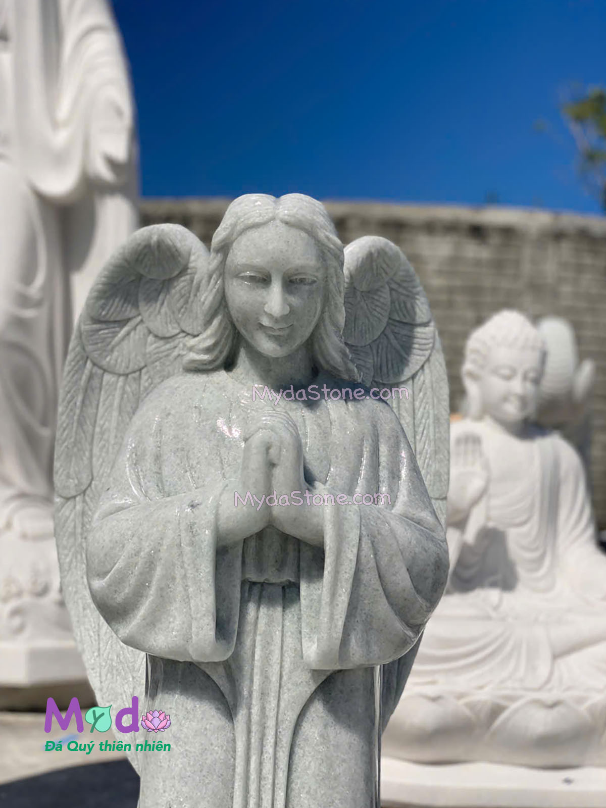 Tượng Thiên Thần quỳ gối đá Cẩm Thạch Trắng Xanh