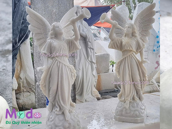 Tượng Thiên Thần thổi kèn đá Cẩm Thạch Trắng