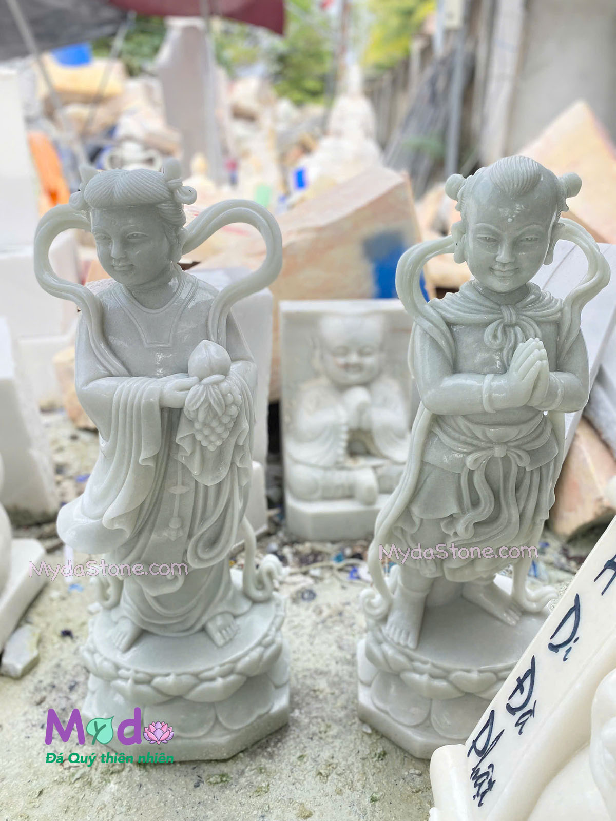 Tượng Tiên Đồng Ngọc Nữ đá Cẩm Thạch Trắng Xanh