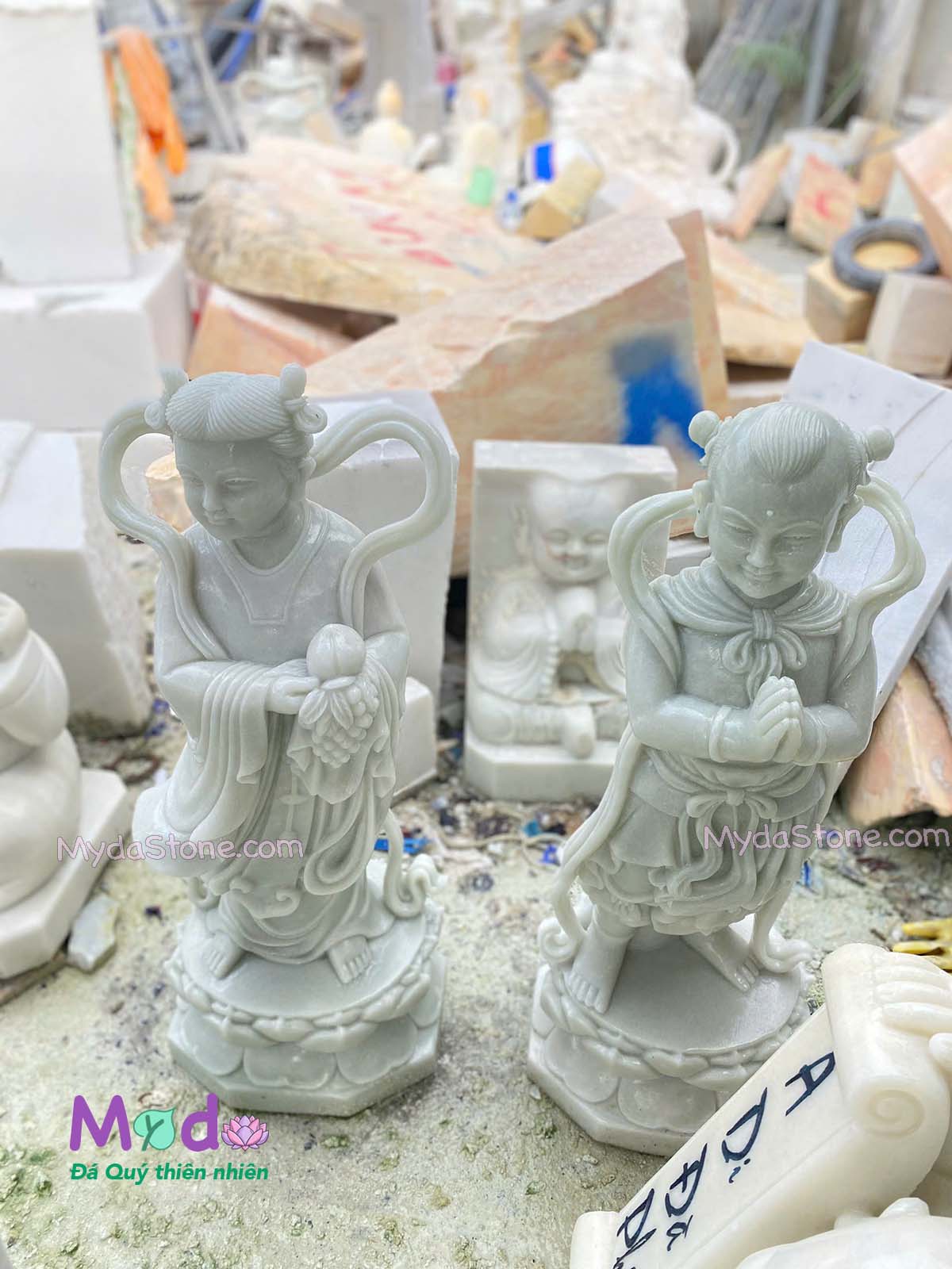 Tượng Tiên Đồng Ngọc Nữ đá Cẩm Thạch Trắng Xanh