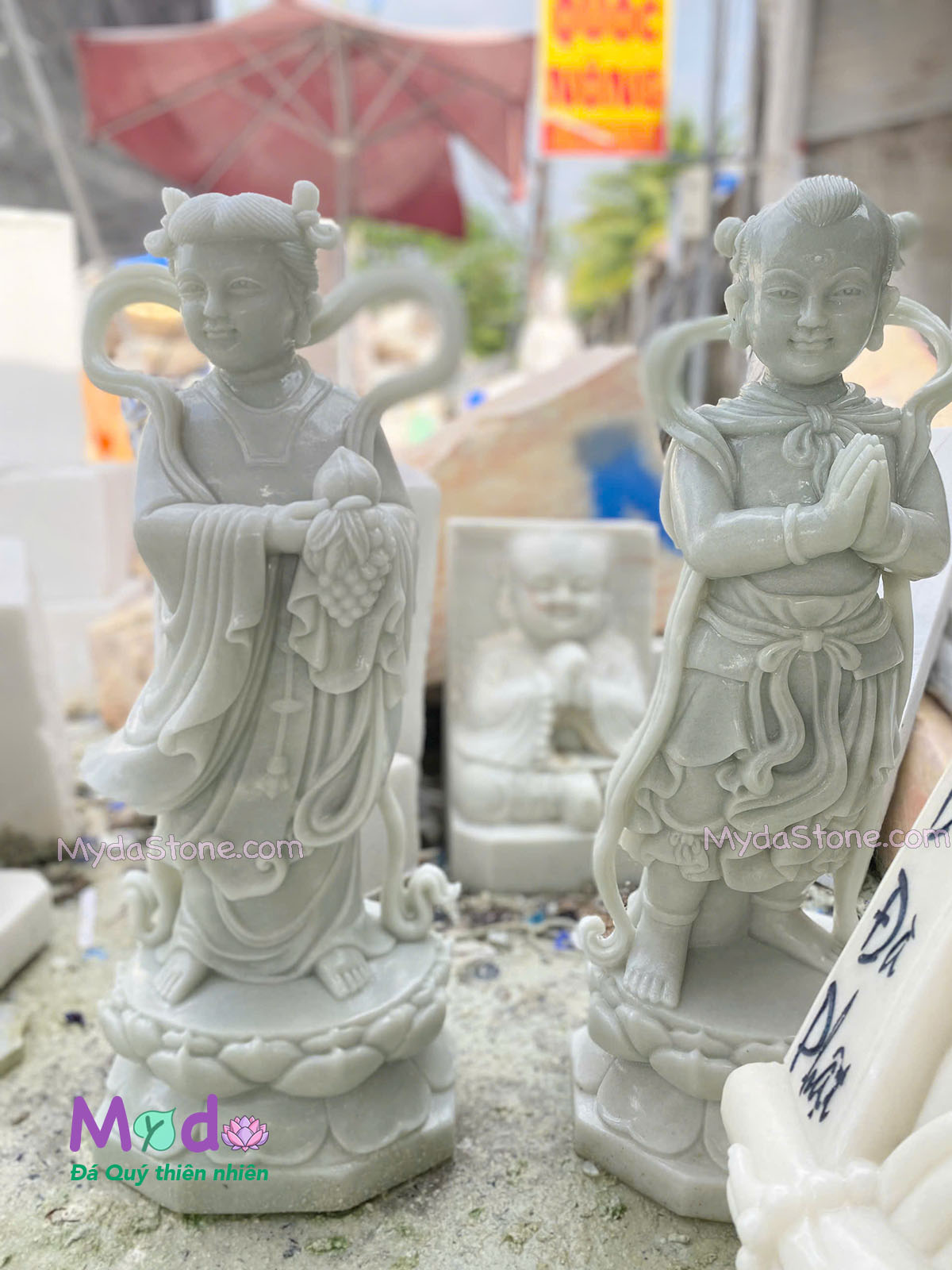 Tượng Tiên Đồng Ngọc Nữ đá Cẩm Thạch Trắng Xanh