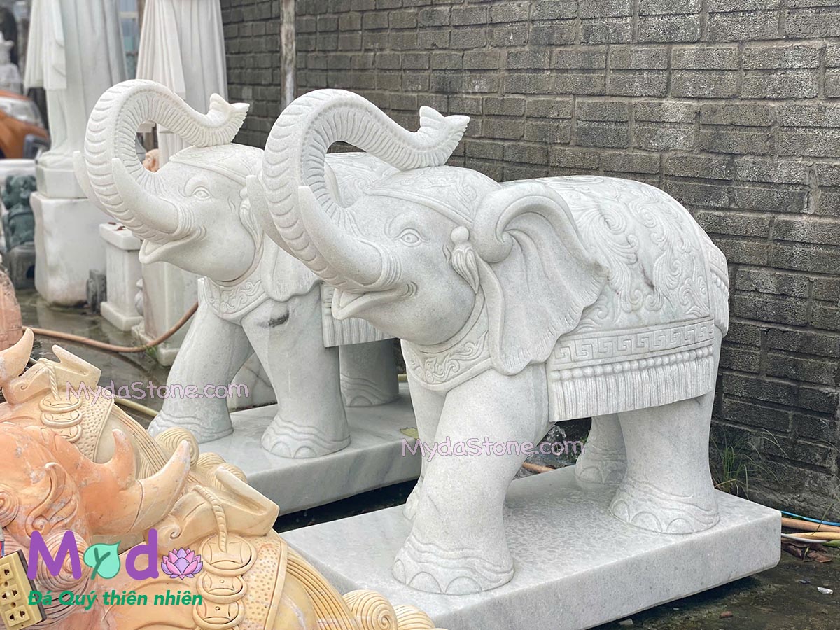 Tượng Voi đứng đá Cẩm Thạch Trắng Xanh