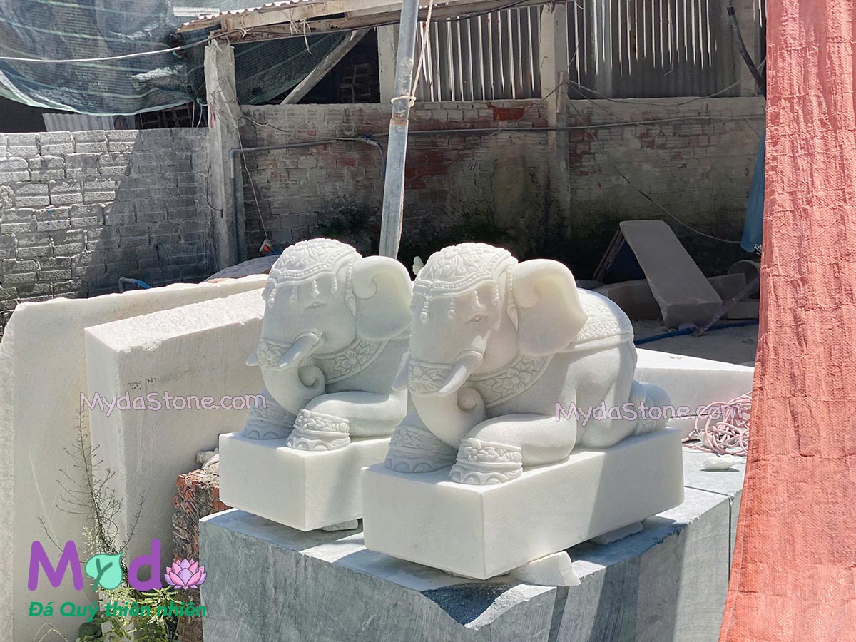 Tượng Voi Quỳ để Lăng Mộ đá Cẩm Thạch Trắng Xanh